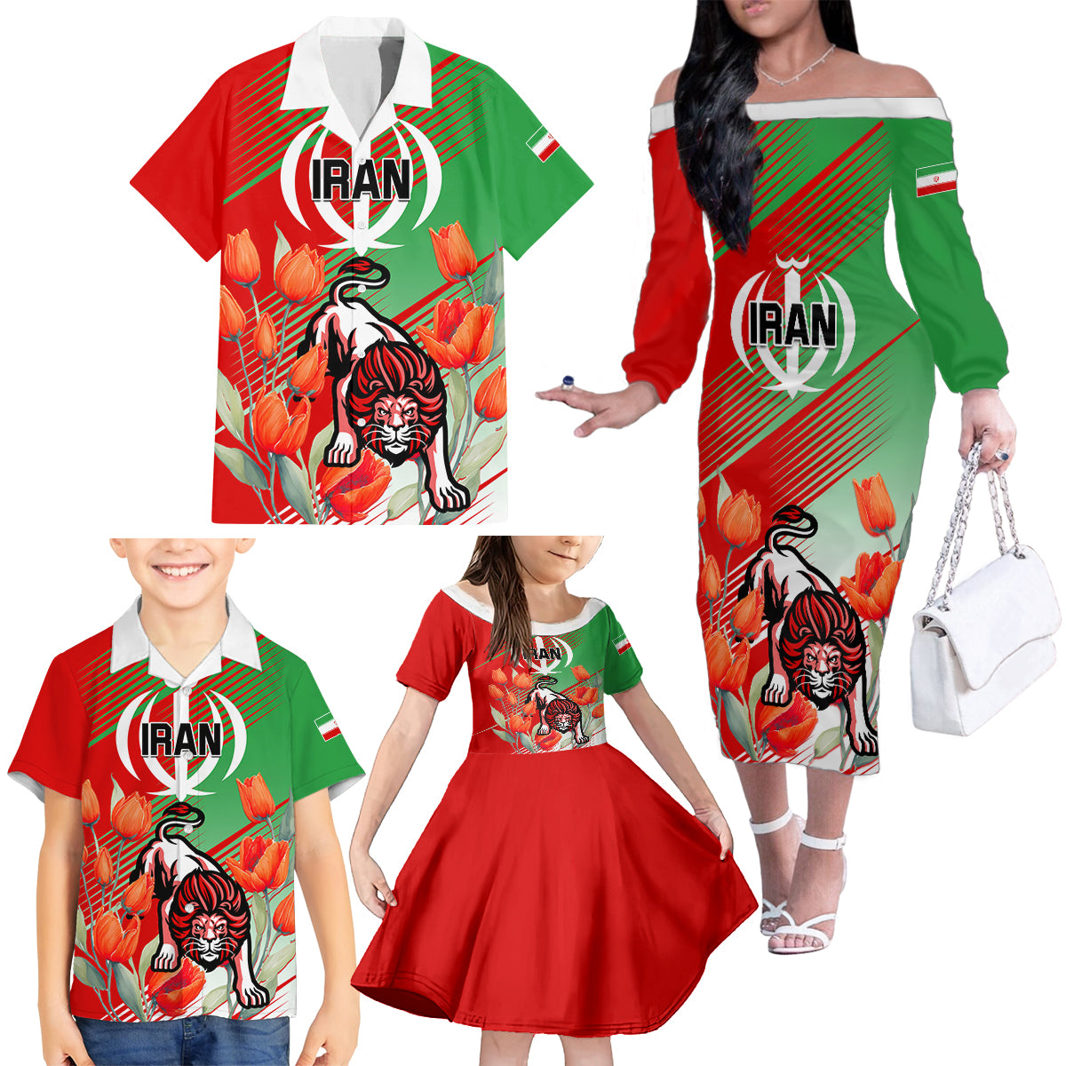 Iran Republic Day Family Matching Off Shoulder Long Sleeve Dress and Hawaiian Shirt Asiatic Lion With Tulip Flower - Wonder Print Shop