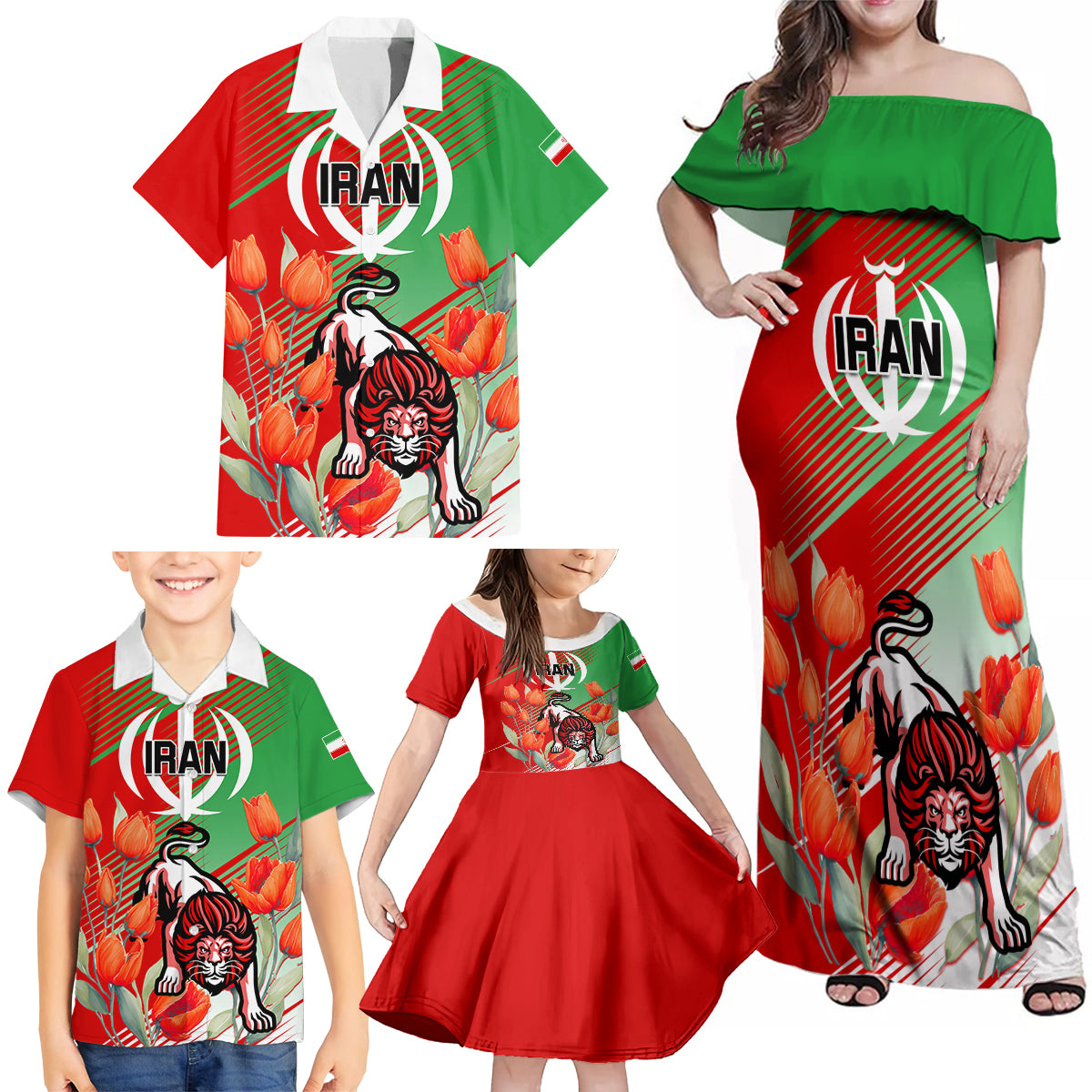 Iran Republic Day Family Matching Off Shoulder Maxi Dress and Hawaiian Shirt Asiatic Lion With Tulip Flower - Wonder Print Shop