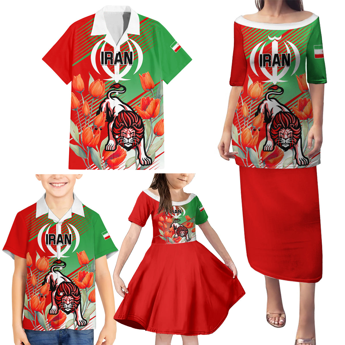 Iran Republic Day Family Matching Puletasi and Hawaiian Shirt Asiatic Lion With Tulip Flower - Wonder Print Shop