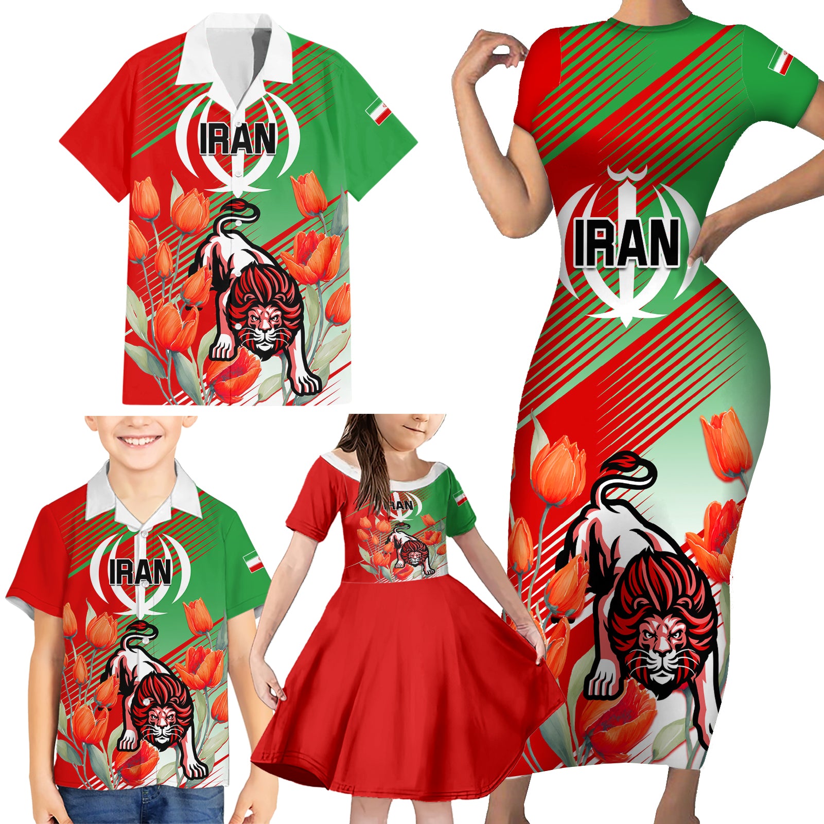 Iran Republic Day Family Matching Short Sleeve Bodycon Dress and Hawaiian Shirt Asiatic Lion With Tulip Flower - Wonder Print Shop