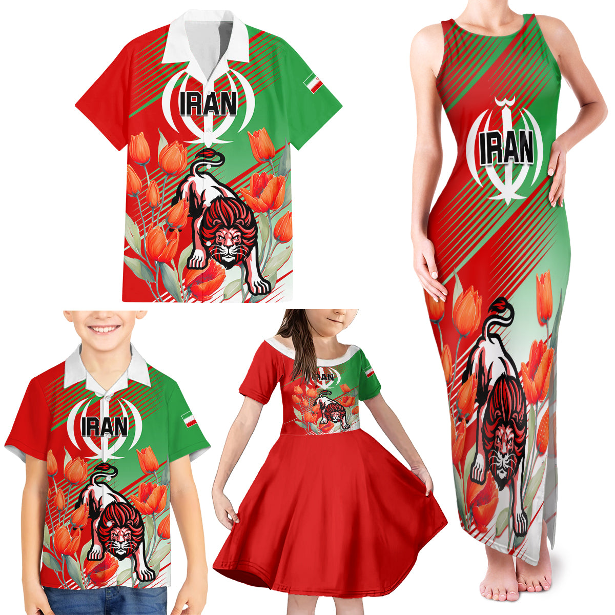 Iran Republic Day Family Matching Tank Maxi Dress and Hawaiian Shirt Asiatic Lion With Tulip Flower - Wonder Print Shop