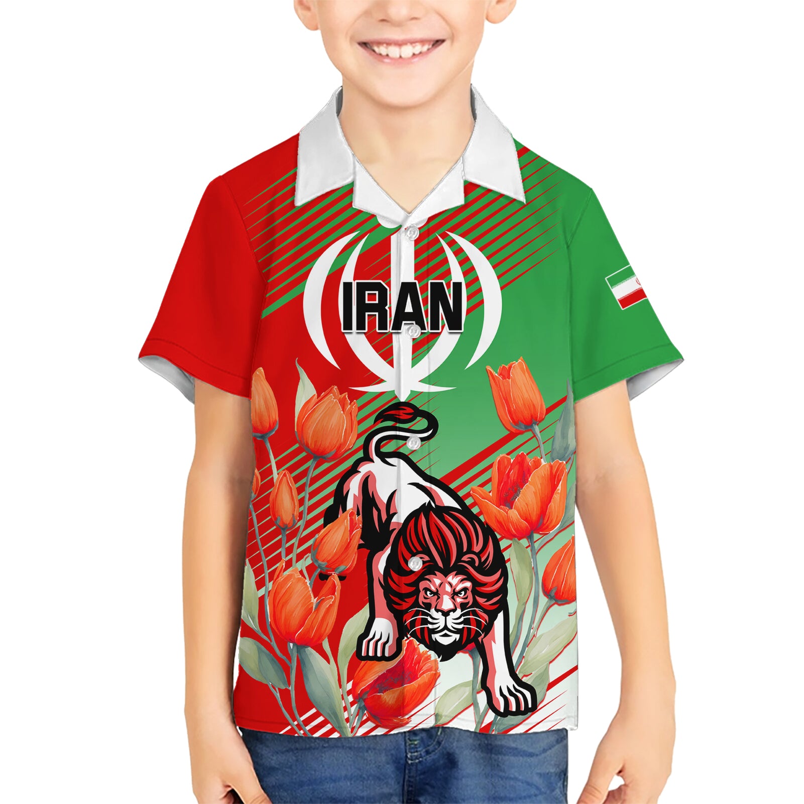 Iran Republic Day Kid Hawaiian Shirt Asiatic Lion With Tulip Flower - Wonder Print Shop