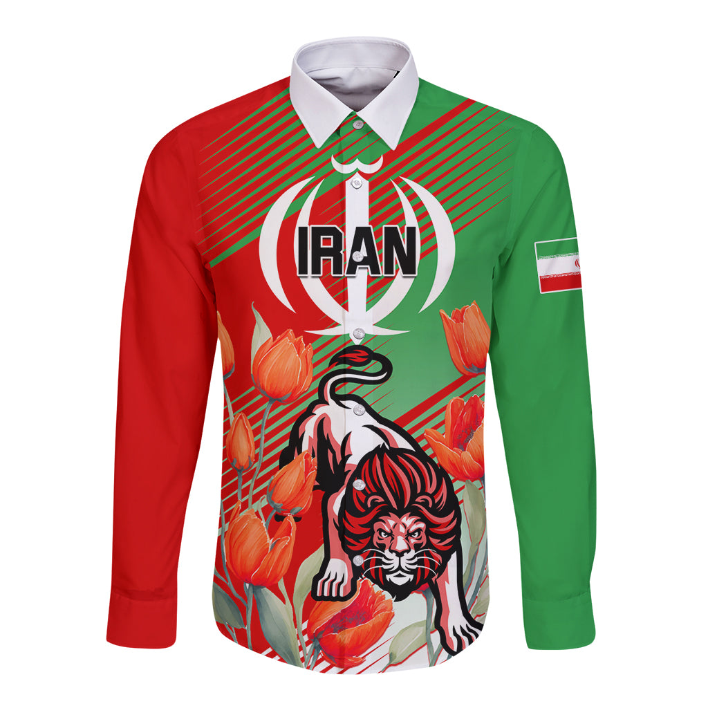 Unisex long-sleeve button shirt, red/green with IRAN lion floral graphic