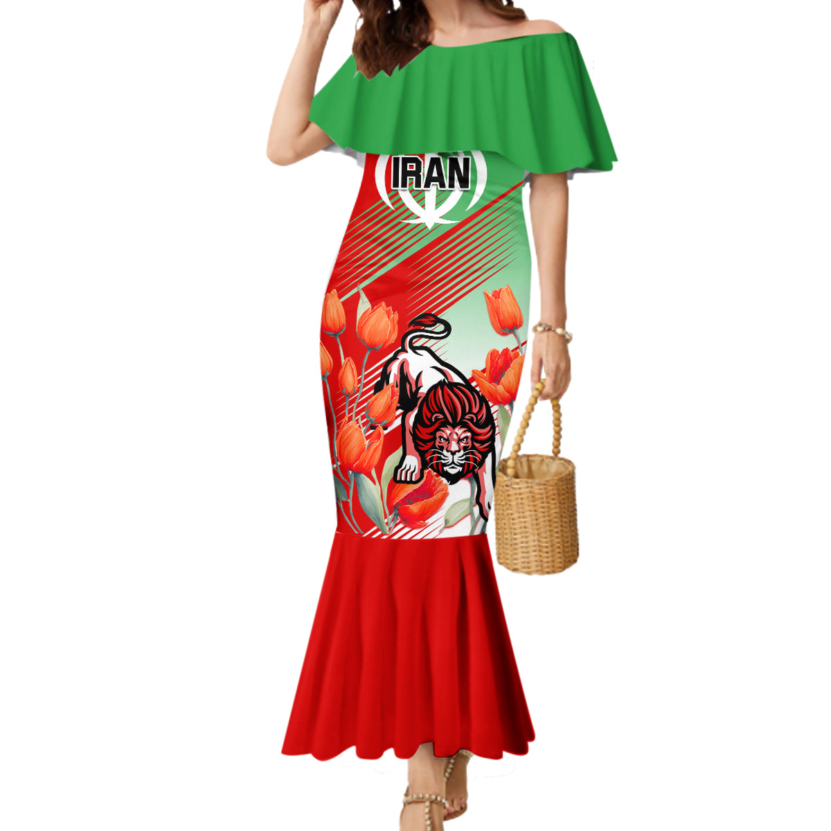 Iran Republic Day Mermaid Dress Asiatic Lion With Tulip Flower - Wonder Print Shop