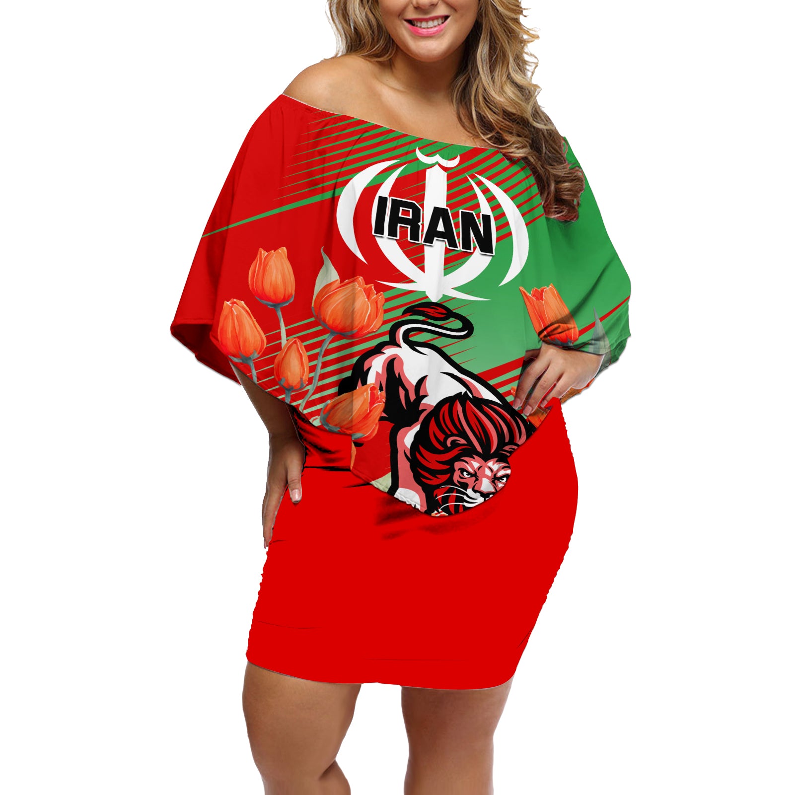 Iran Republic Day Off Shoulder Short Dress Asiatic Lion With Tulip Flower - Wonder Print Shop