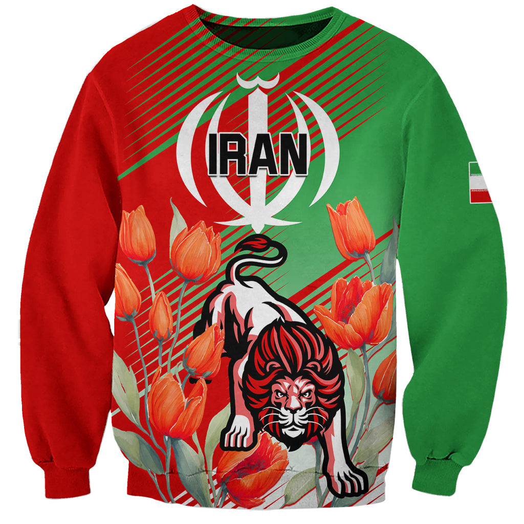 Unisex sweatshirt with green-red sleeves and Iran lion tulip front graphic
