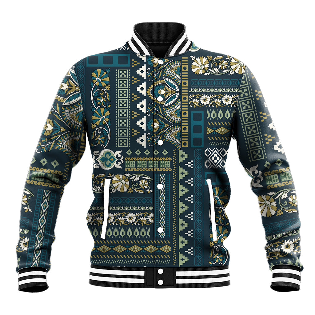 Unisex blue patchwork-pattern baseball jacket with striped ribbed collar and cuffs