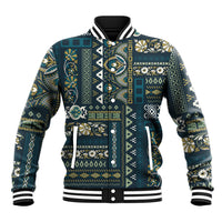 Unisex blue patchwork-pattern baseball jacket with striped ribbed collar and cuffs