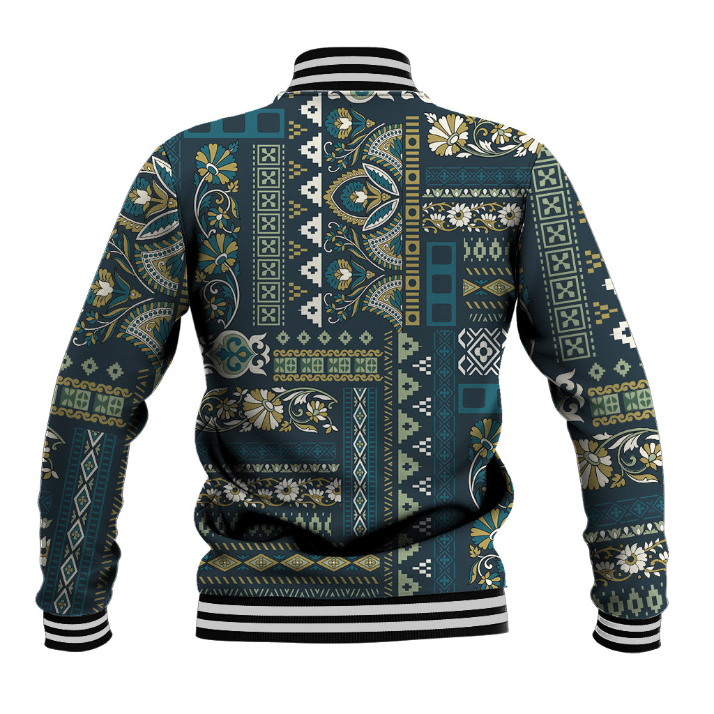 Unisex blue patchwork-pattern baseball jacket, striped ribbed hem and cuffs, back view