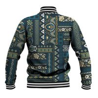 Unisex blue patchwork-pattern baseball jacket, striped ribbed hem and cuffs, back view