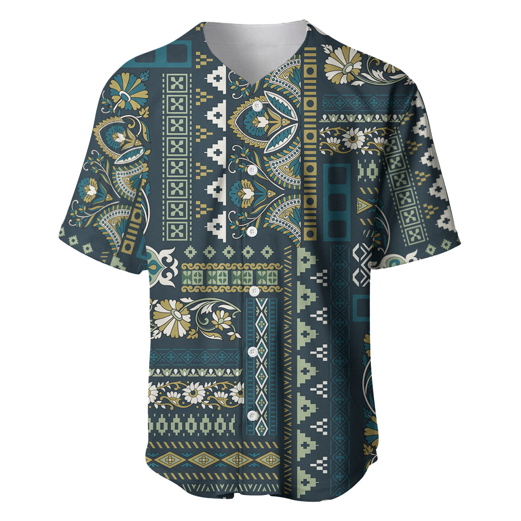 Blue baseball jersey with patchwork Persian-style pattern, short sleeves and button placket