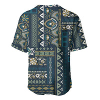 Blue short-sleeve baseball jersey with patchwork geometric and floral motif, front button placket