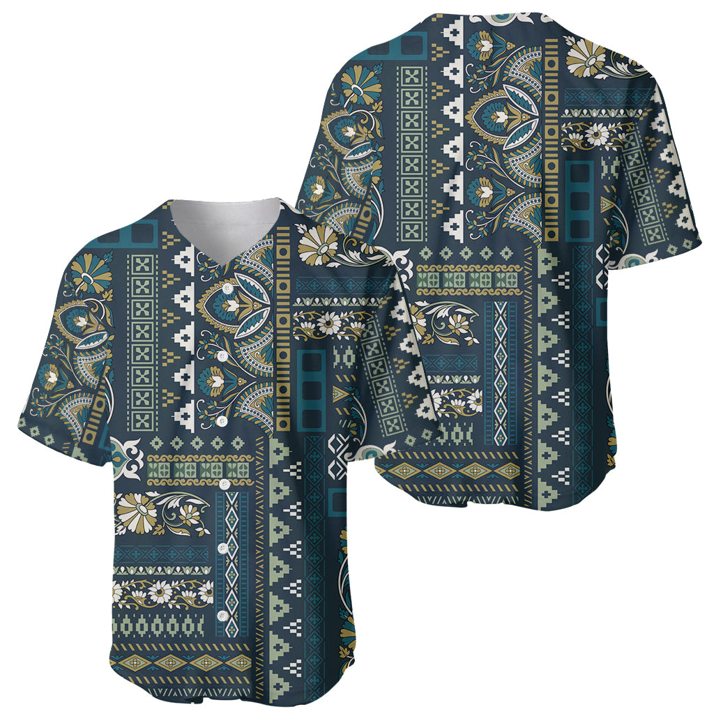 Blue baseball jersey with patchwork Persian-style pattern, shown from front and angled side