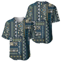 Blue baseball jersey with patchwork Persian-style pattern, shown from front and angled side