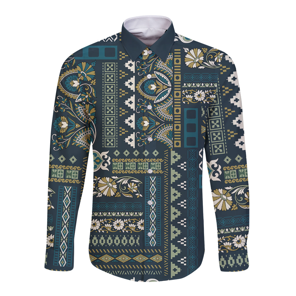 Long sleeve button shirt, Persian patchwork pattern in dark blue with teal and cream motifs