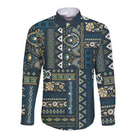Long sleeve button shirt, Persian patchwork pattern in dark blue with teal and cream motifs