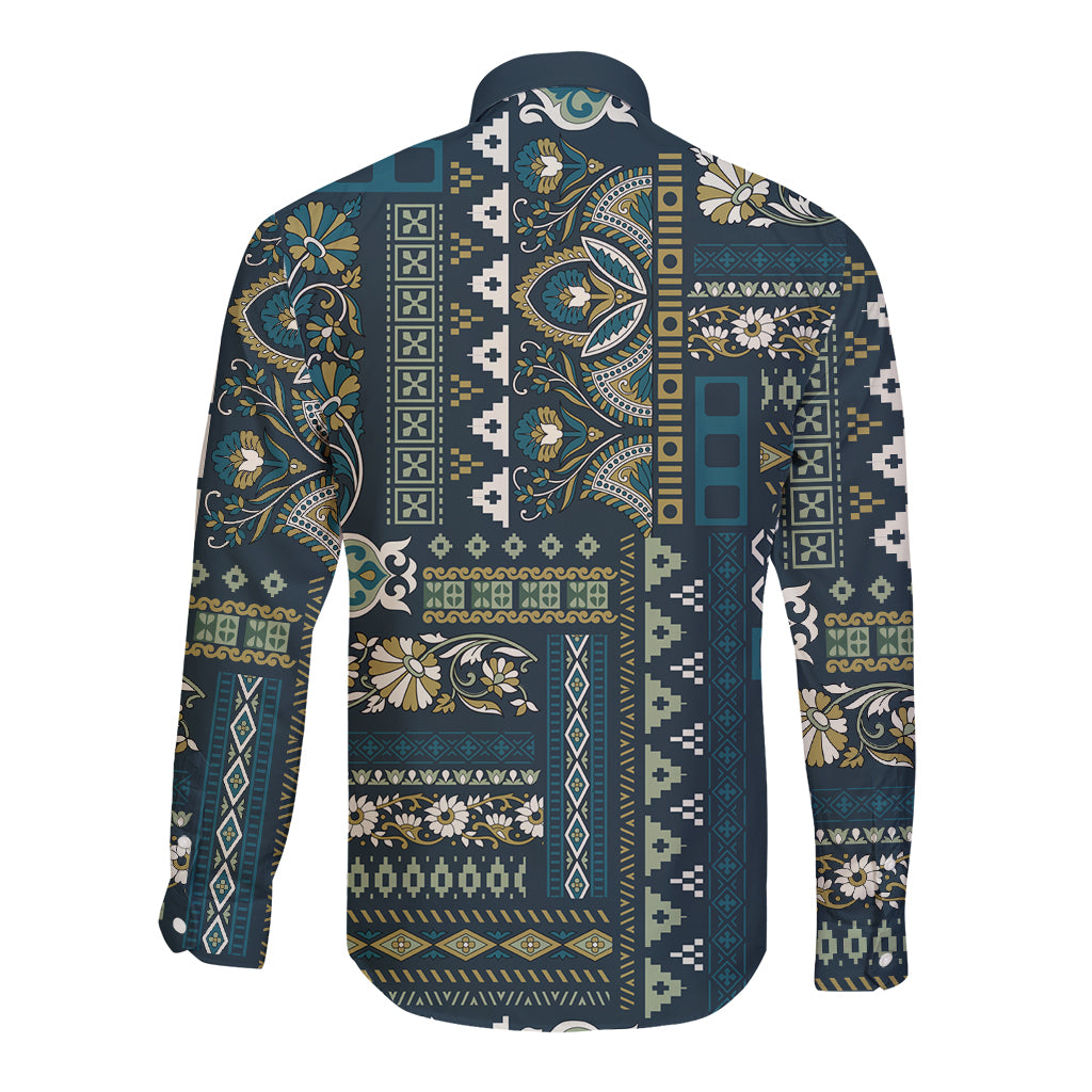 Long sleeve button shirt back, Persian patchwork in dark blue with teal and cream motifs