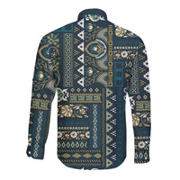 Long sleeve button shirt back, Persian patchwork in dark blue with teal and cream motifs