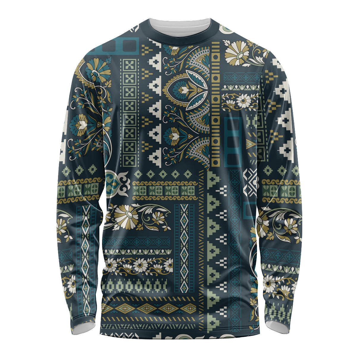 Unisex long sleeve shirt with blue patchwork pattern, crew neck, full sleeves
