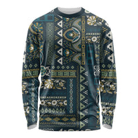 Unisex long sleeve shirt with blue patchwork pattern, crew neck, full sleeves