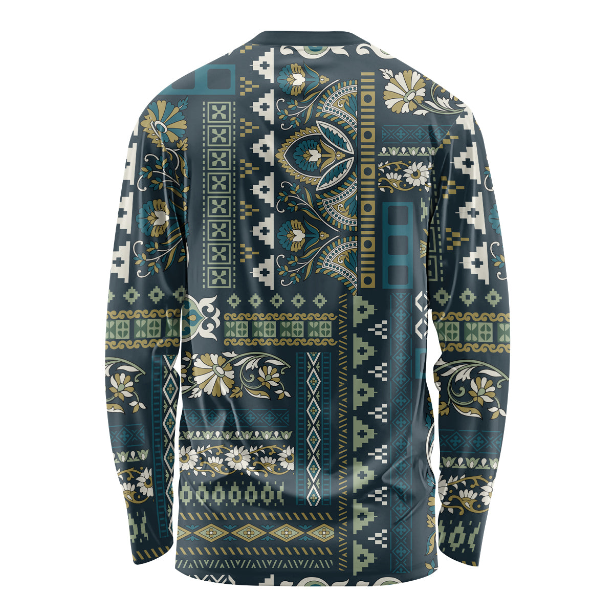 Unisex long sleeve shirt, blue patchwork pattern on back, crew neck