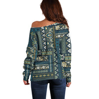 Blue off-shoulder sweater, long sleeves, back patchwork Persian-style pattern