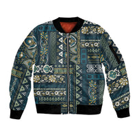 Blue patchwork print zip bomber jacket with ribbed collar and cuffs, front view