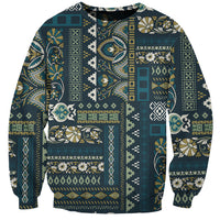Unisex crewneck sweatshirt with blue patchwork geometric and floral design