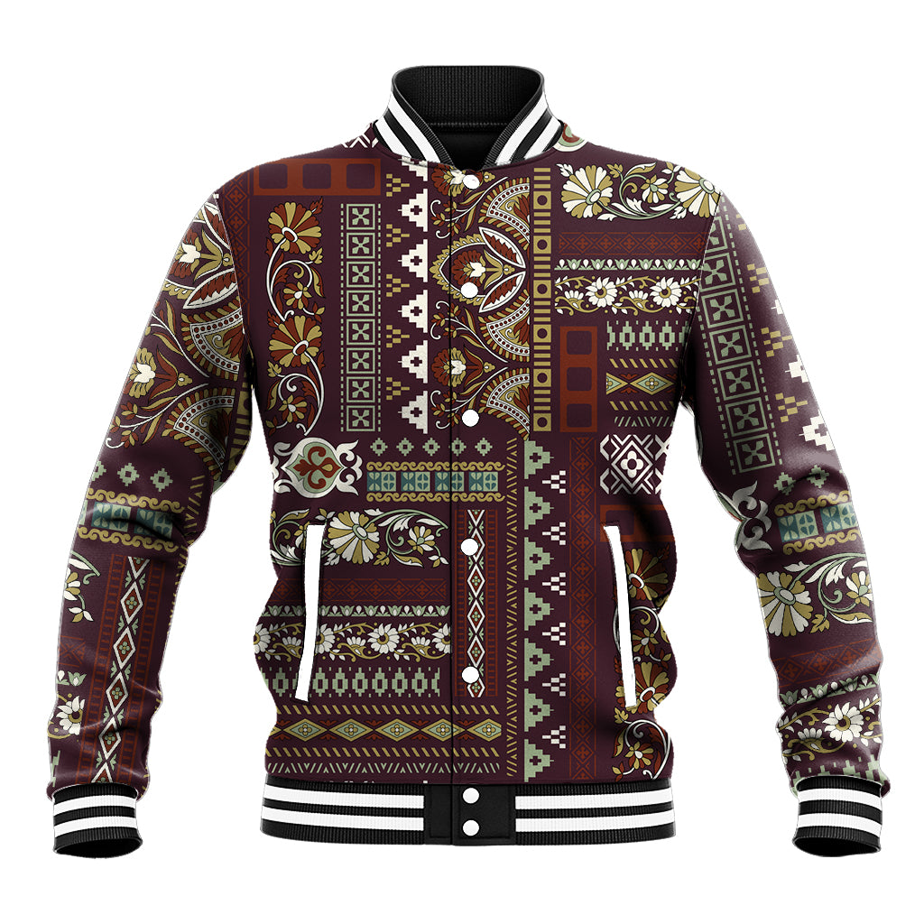 Unisex brown patchwork baseball jacket with floral geometric pattern, striped ribbed cuffs