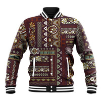 Unisex brown patchwork baseball jacket with floral geometric pattern, striped ribbed cuffs
