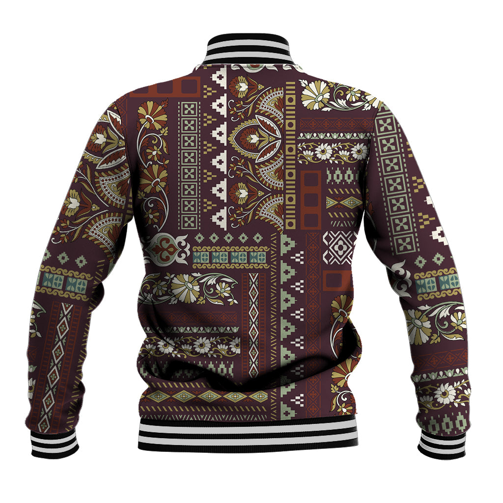 Unisex brown patchwork baseball jacket, full back geometric floral pattern, ribbed striped hem