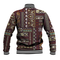 Unisex brown patchwork baseball jacket, full back geometric floral pattern, ribbed striped hem