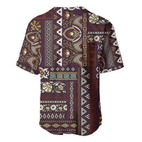 Brown baseball jersey with patchwork geometric and floral pattern, short sleeves
