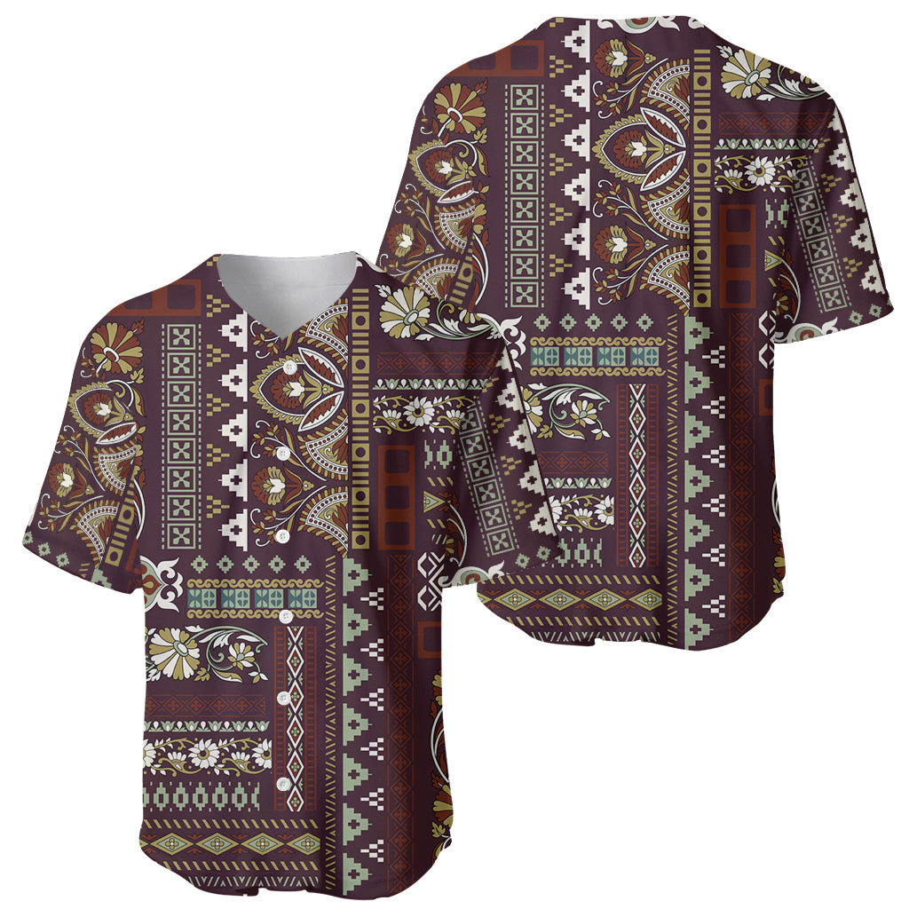 Two angles of brown patchwork-pattern baseball jersey with collar and button placket