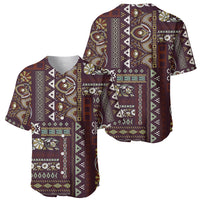 Two angles of brown patchwork-pattern baseball jersey with collar and button placket