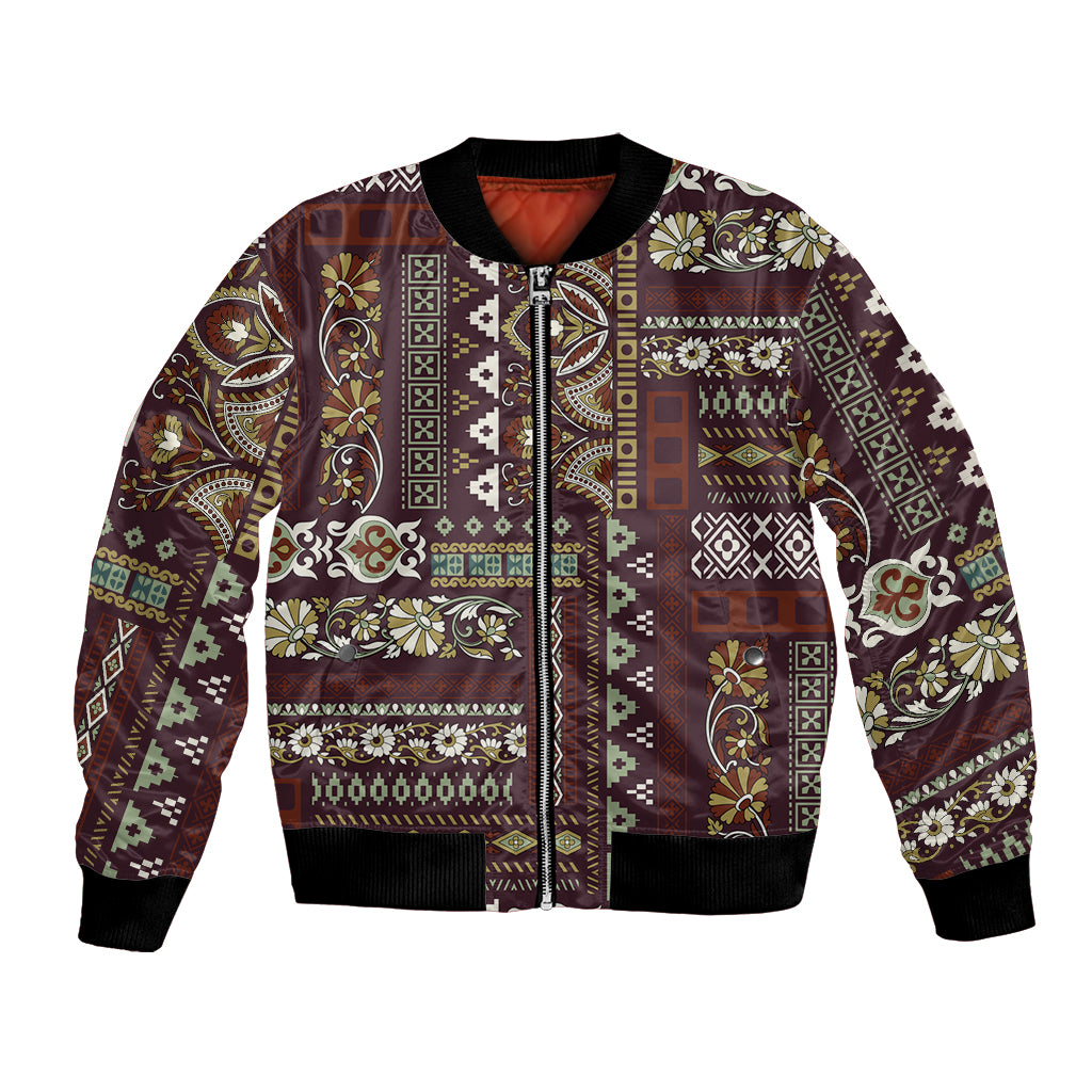 Unisex bomber jacket with brown patchwork paisley pattern, ribbed cuffs and hem, zip front