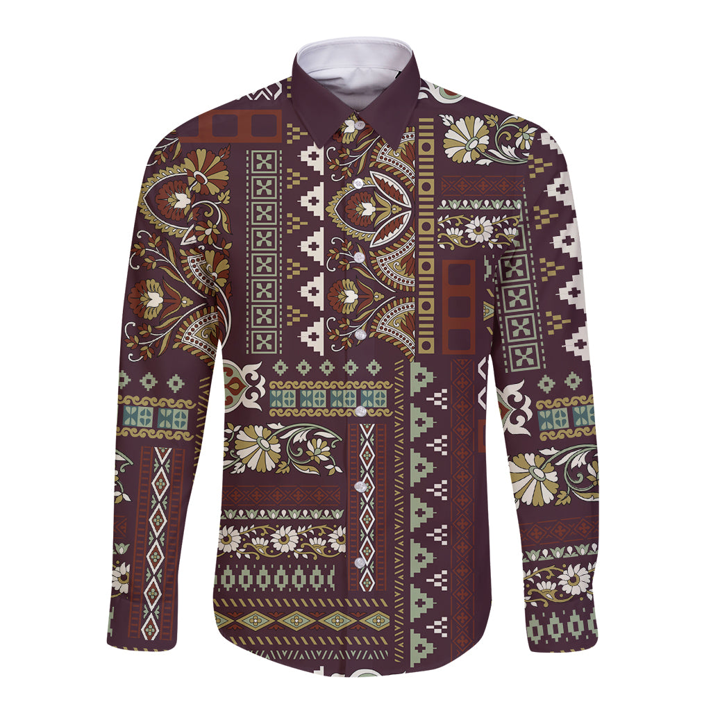 Long-sleeve button shirt with brown patchwork print and point collar