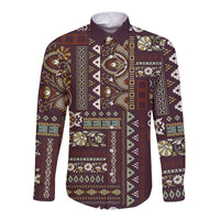 Long-sleeve button shirt with brown patchwork print and point collar