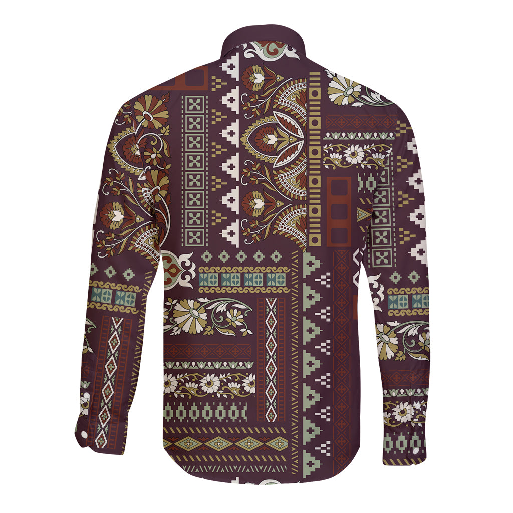 Long-sleeve button shirt back view with brown patchwork print