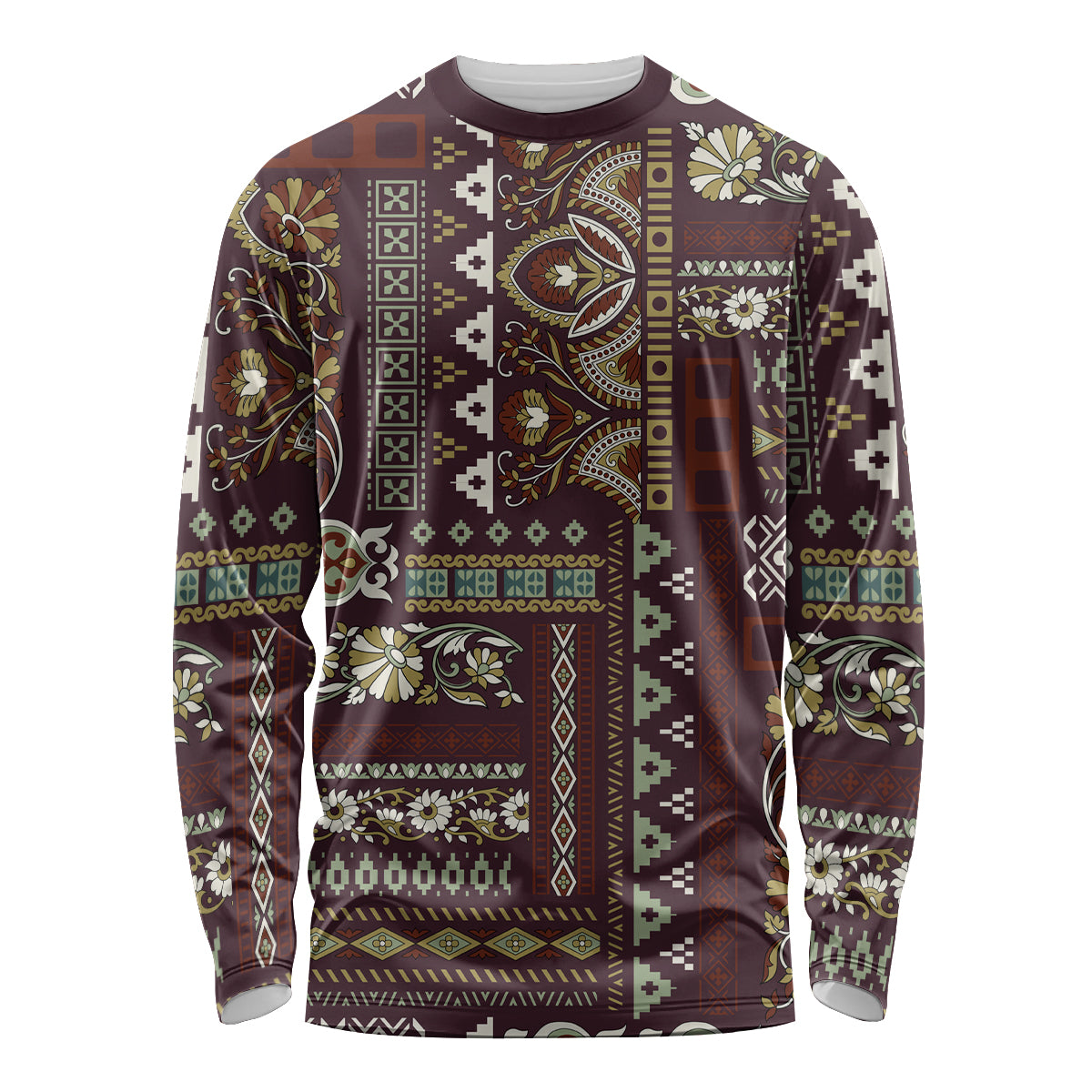 Brown patchwork long sleeve shirt with paisley and geometric pattern, crew neck
