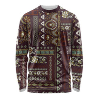 Brown patchwork long sleeve shirt with paisley and geometric pattern, crew neck