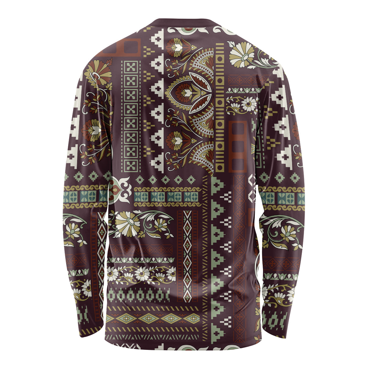 Brown patchwork long sleeve shirt with paisley and geometric pattern, back view