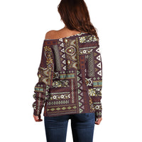 Womens off-shoulder sweater, back view, long sleeves, brown patchwork print