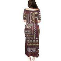Brown patchwork-pattern puletasi long dress with short sleeves, back view