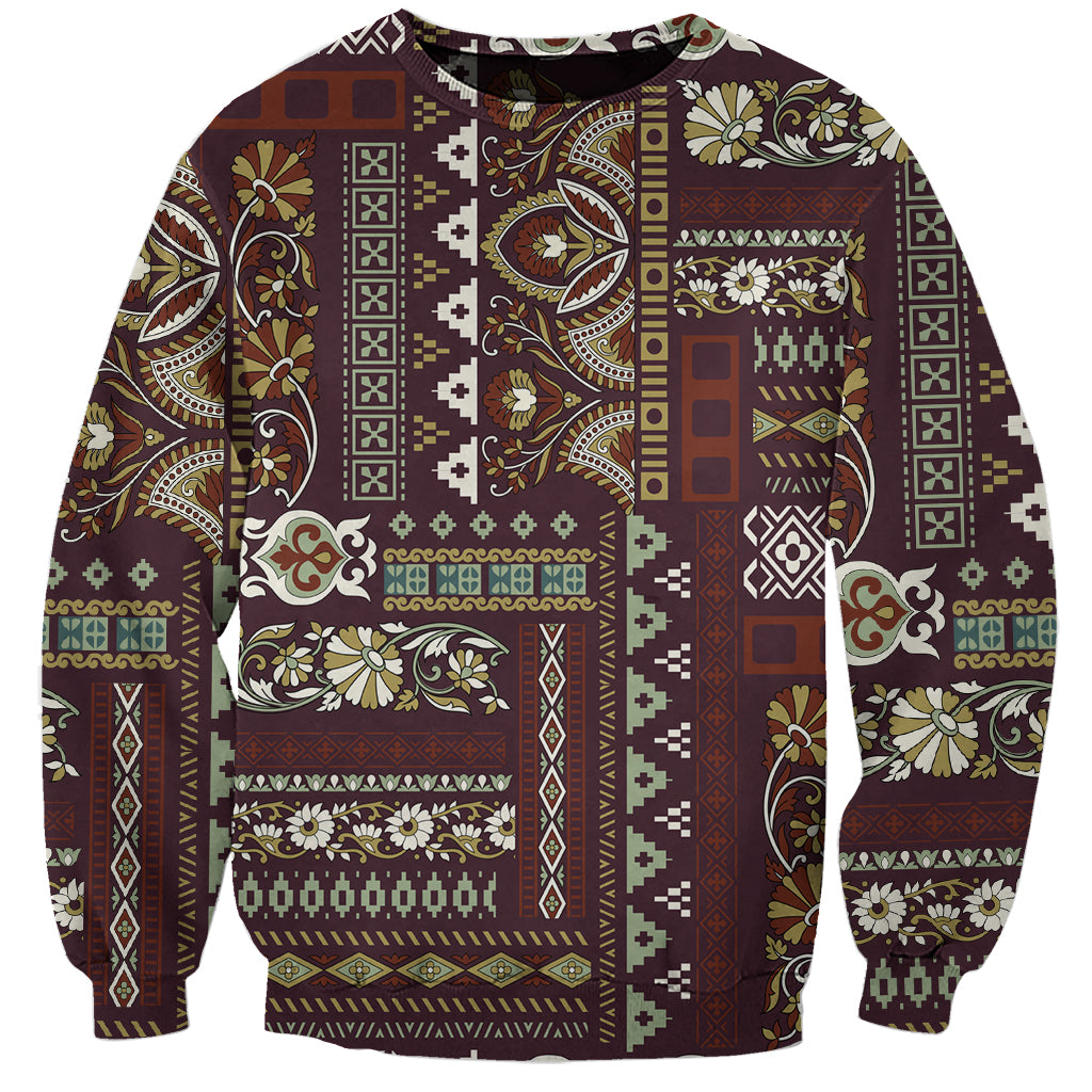 Brown patchwork-pattern sweatshirt, crew neck with long sleeves and allover multicolor design