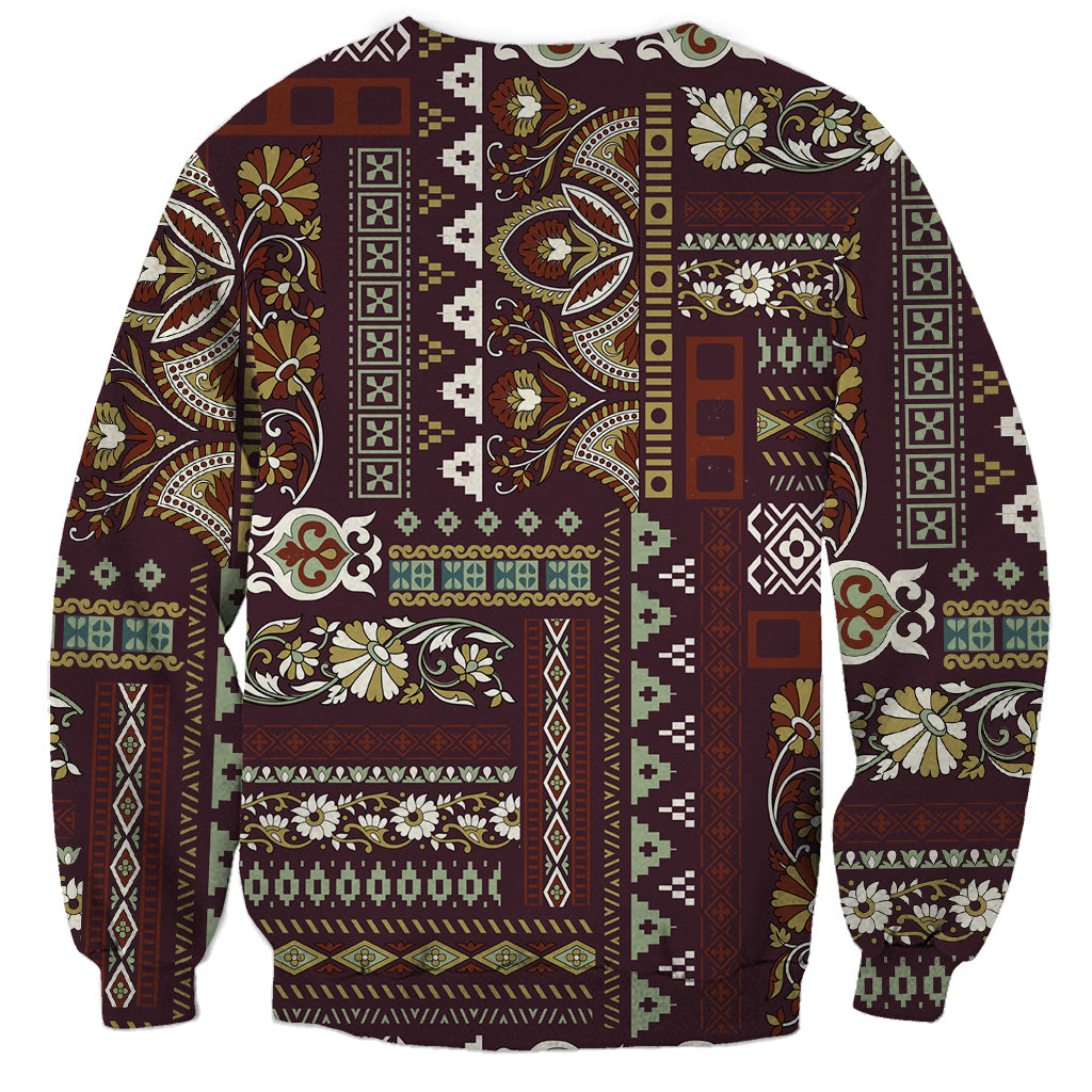 Brown crewneck sweatshirt with long sleeves, patchwork motifs and multicolor panel front