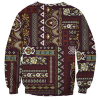 Brown crewneck sweatshirt with long sleeves, patchwork motifs and multicolor panel front