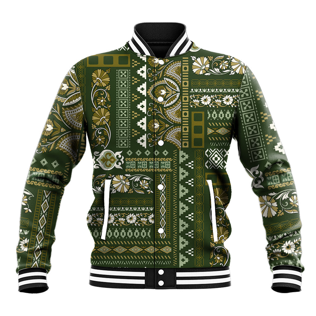 Green patchwork-pattern baseball jacket with striped ribbed collar, cuffs, and snap front