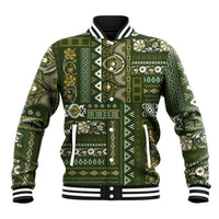 Green patchwork-pattern baseball jacket with striped ribbed collar, cuffs, and snap front