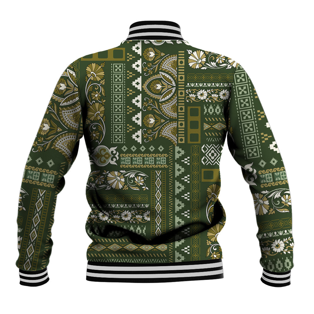 Green patchwork-pattern baseball jacket back with striped ribbed collar, cuffs, and hem